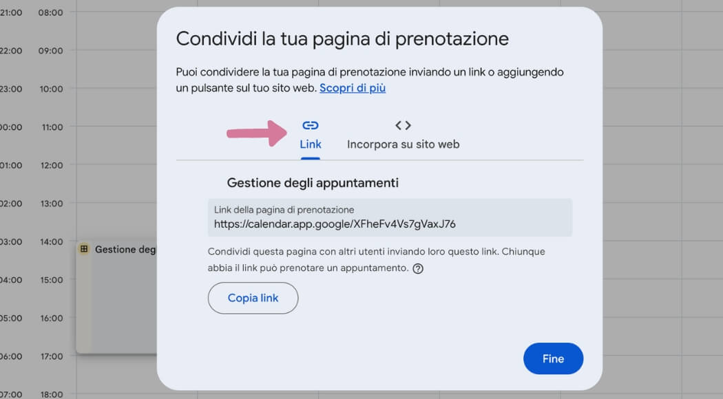 condividere il link della prenotazione